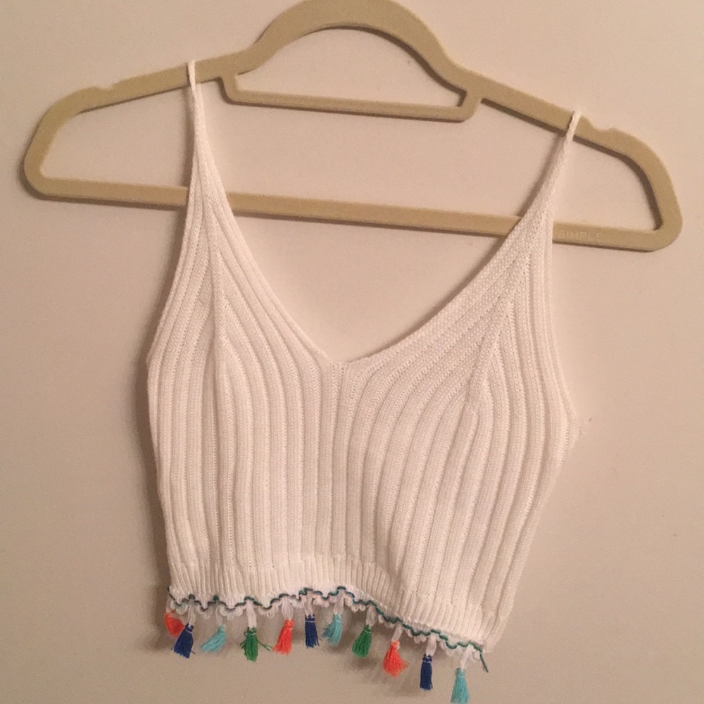 White tank top with colorful pom poms!